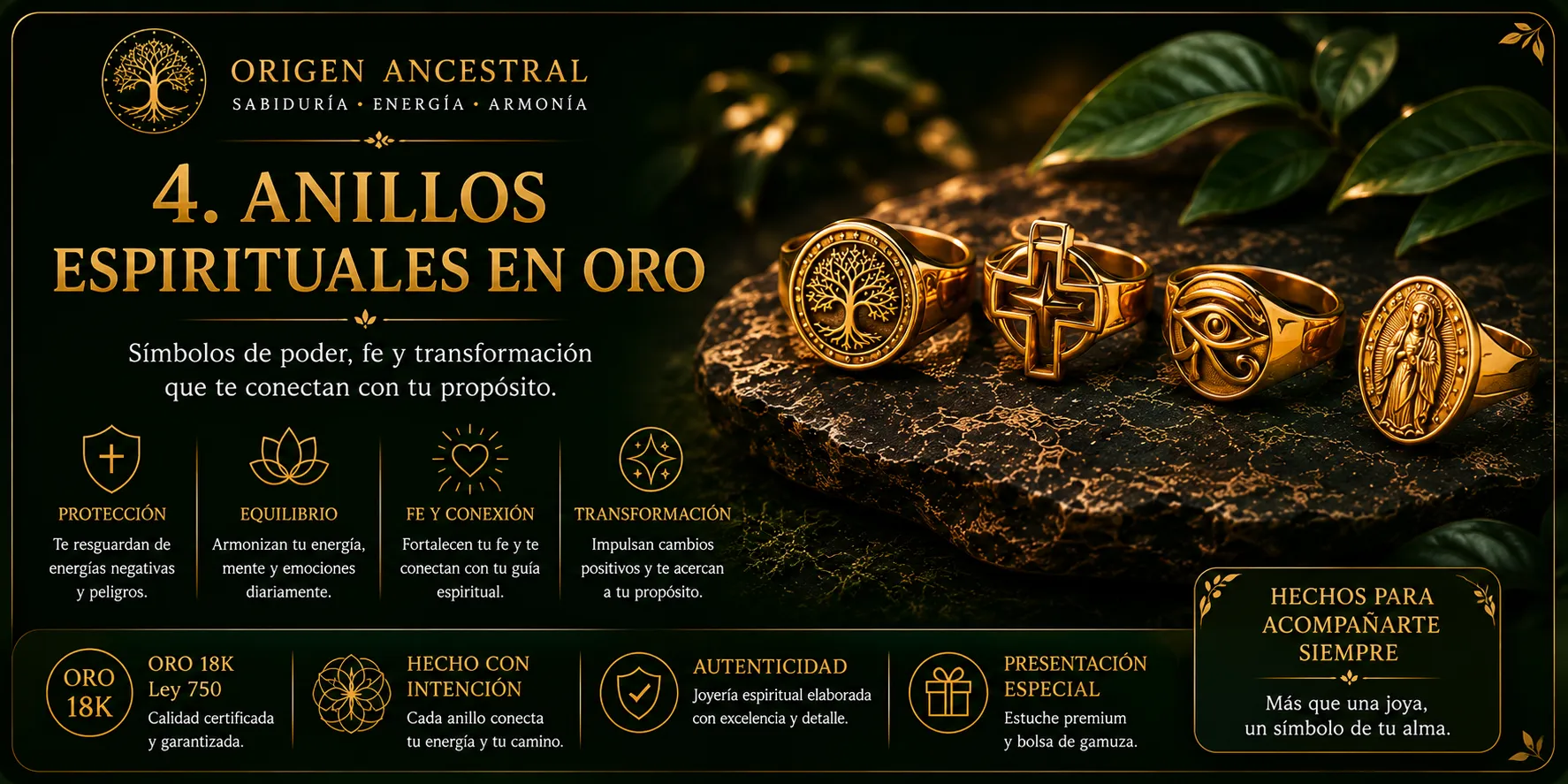 Anillos espirituales en oro 18K — Origen Ancestral, Oro con Intención