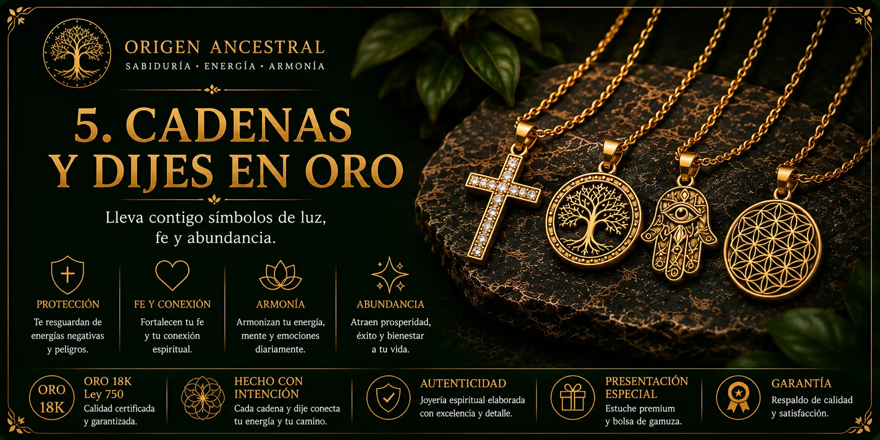 Cadenas y dijes en oro 18K — Origen Ancestral, Oro con Intención