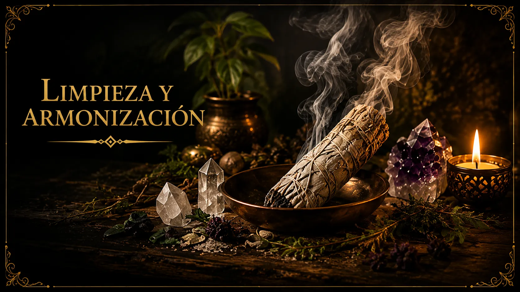 Sahumerio de salvia con humo, cristales y hierbas, ambientación de Origen Ancestral
