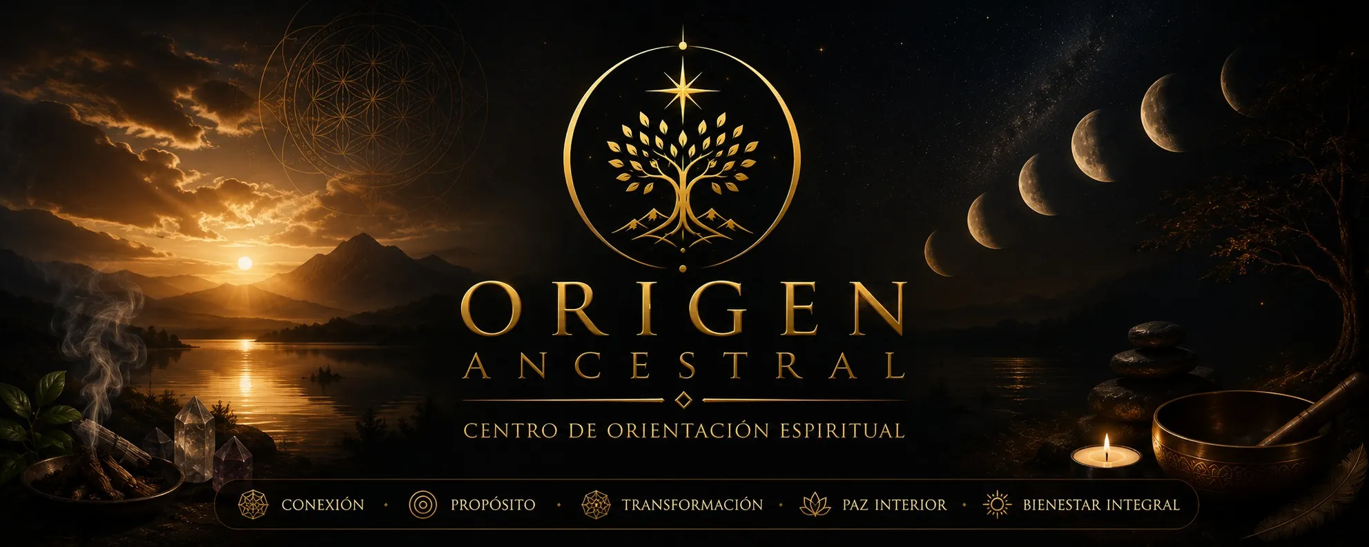 Origen Ancestral, Centro de Orientación Espiritual — árbol dorado, paisaje de montaña, fases lunares y elementos rituales