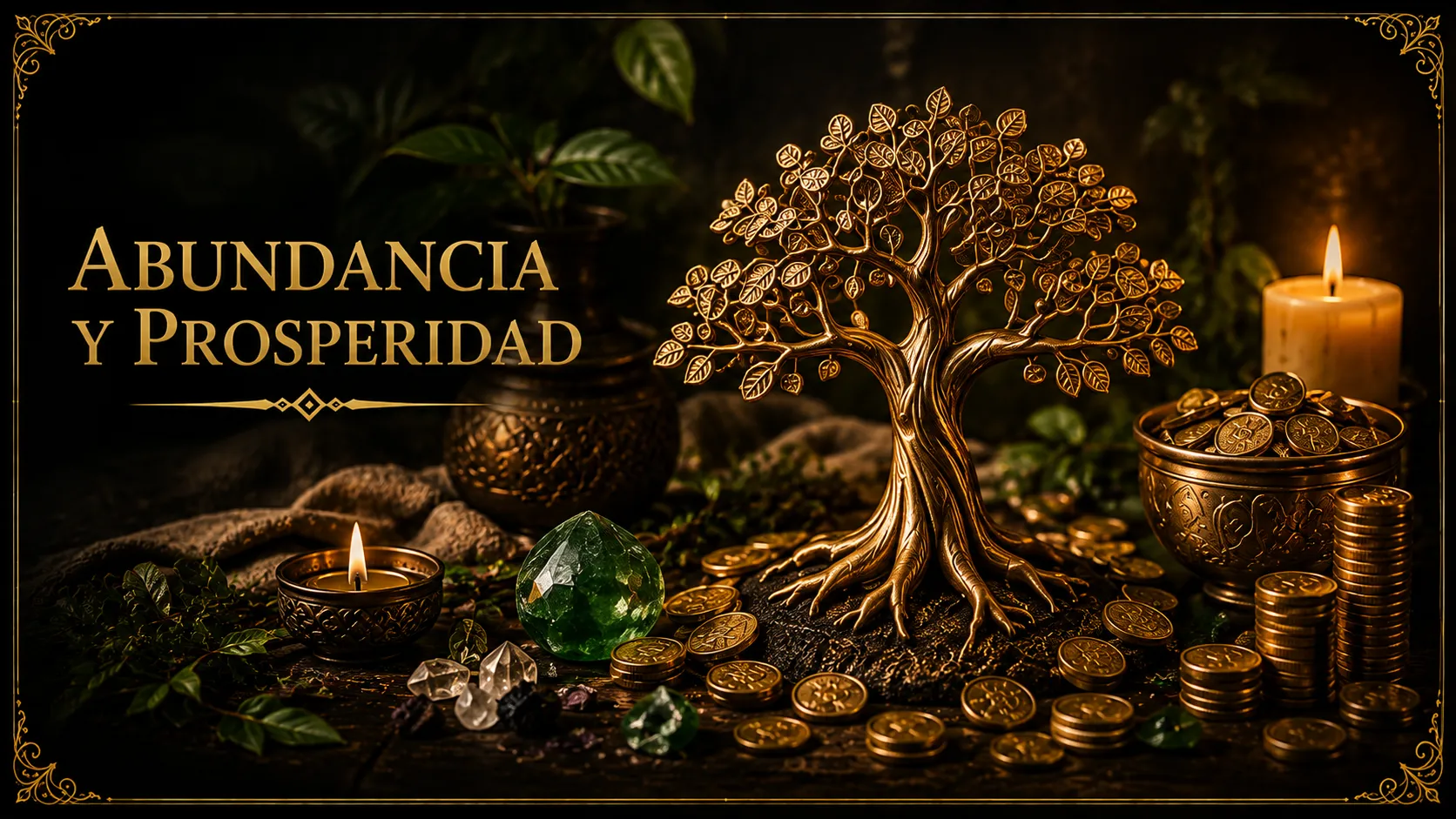Monedas doradas, cristales y un pequeño árbol dorado, ambientación de Origen Ancestral
