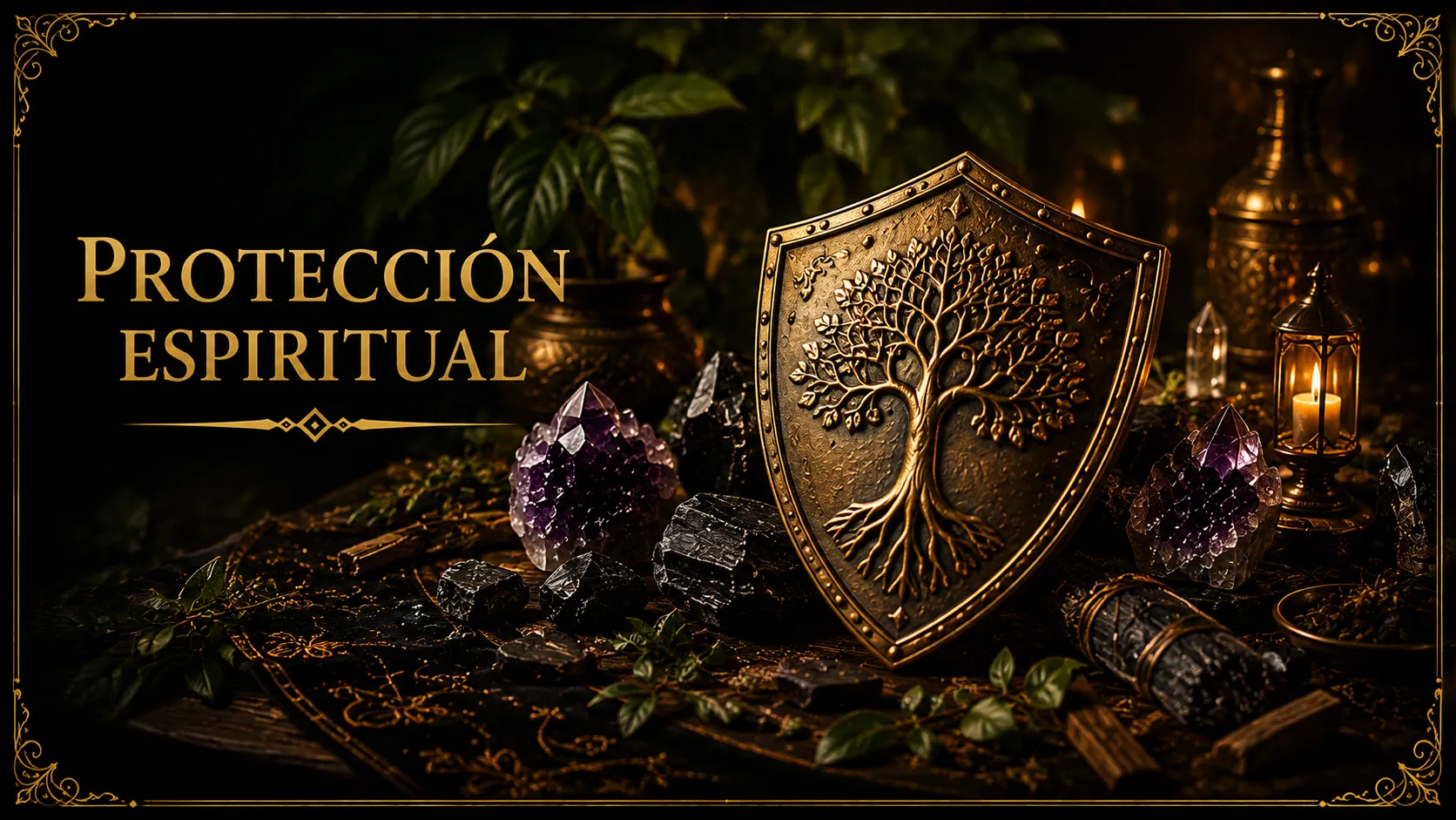 Símbolo de protección con árbol de la vida, vela y cristales, ambientación de Origen Ancestral