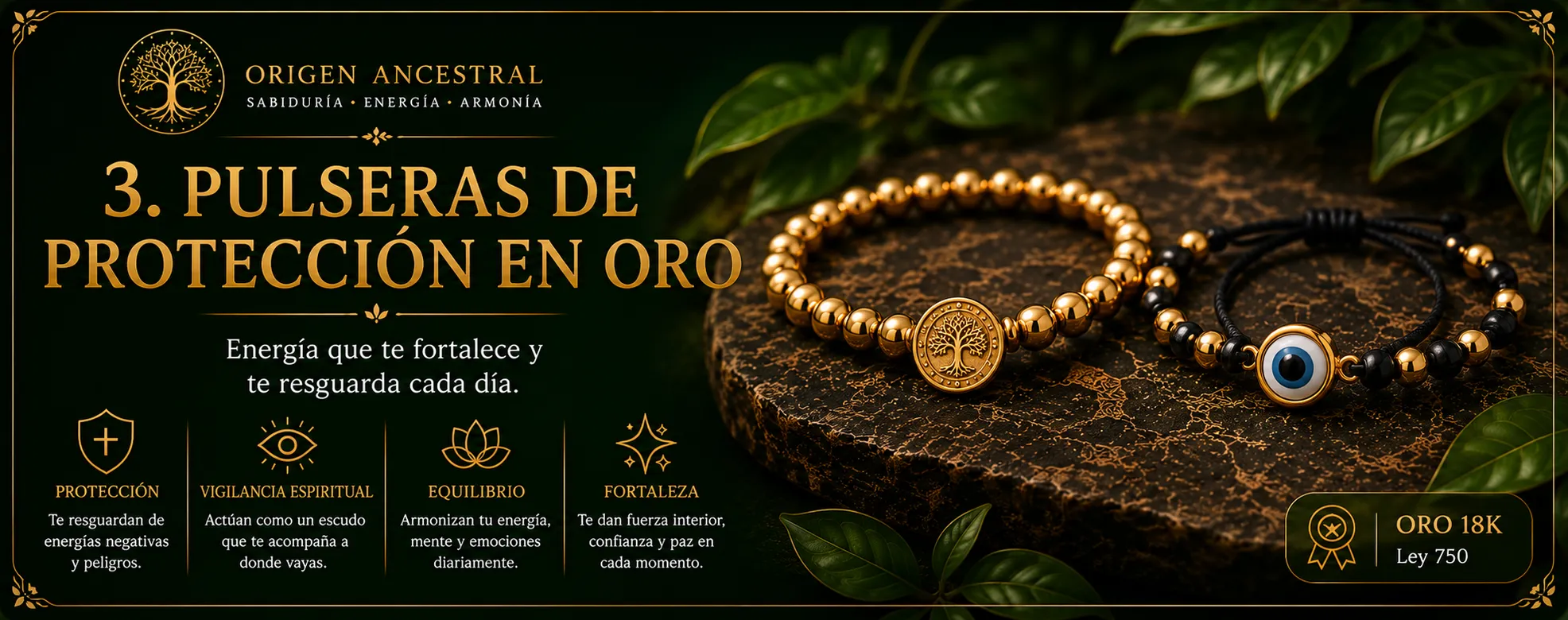 Pulseras de protección en oro 18K — Origen Ancestral, Oro con Intención