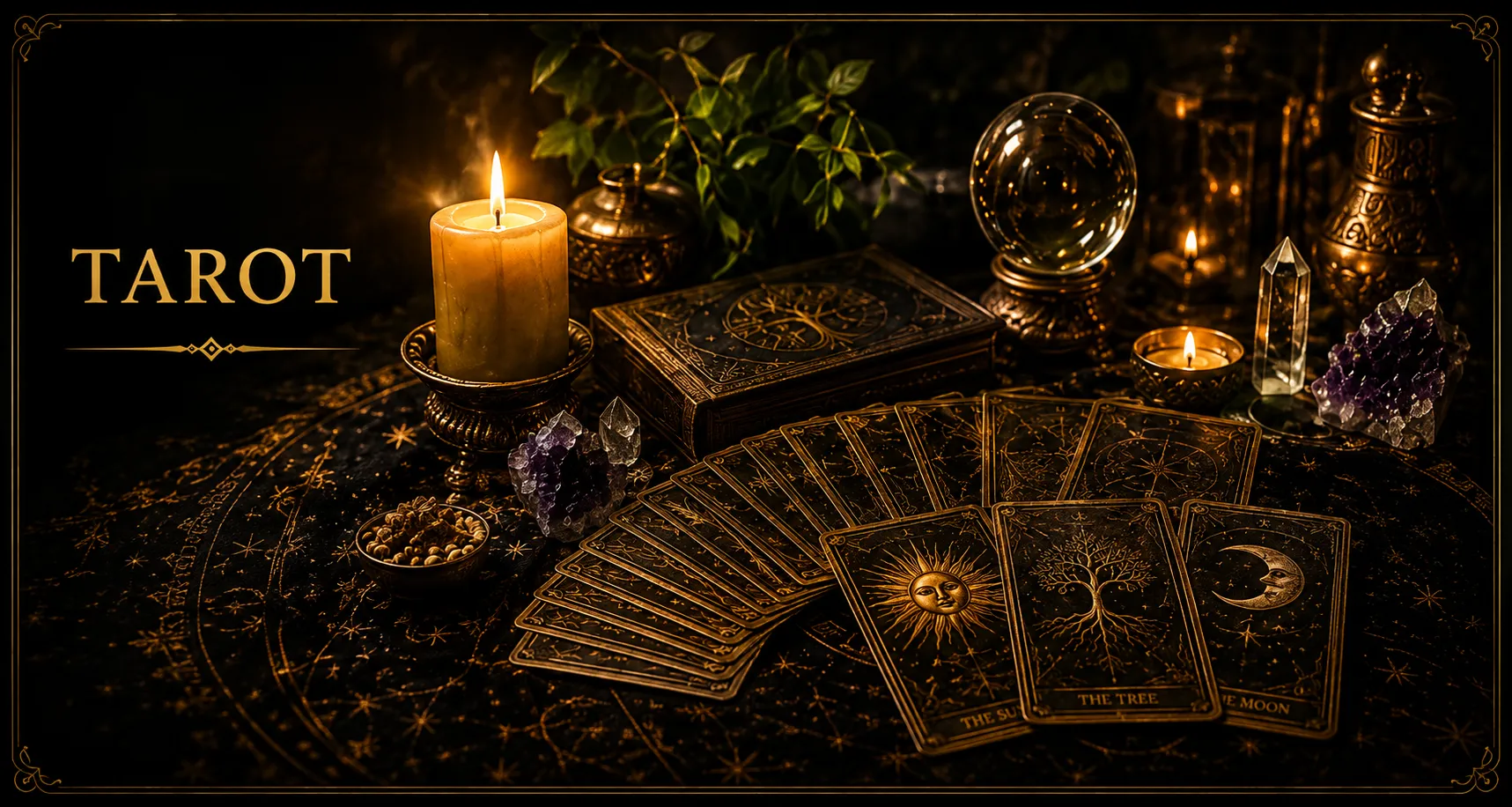Cartas de Tarot con vela, esfera de cristal y elementos rituales, ambientación de Origen Ancestral