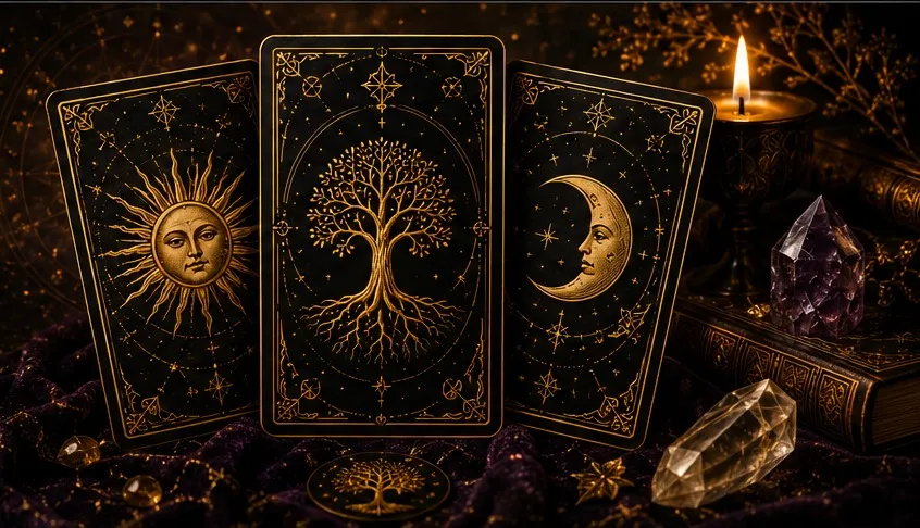 Cartas de Tarot iluminadas con vela y cristales, ambientación de Origen Ancestral