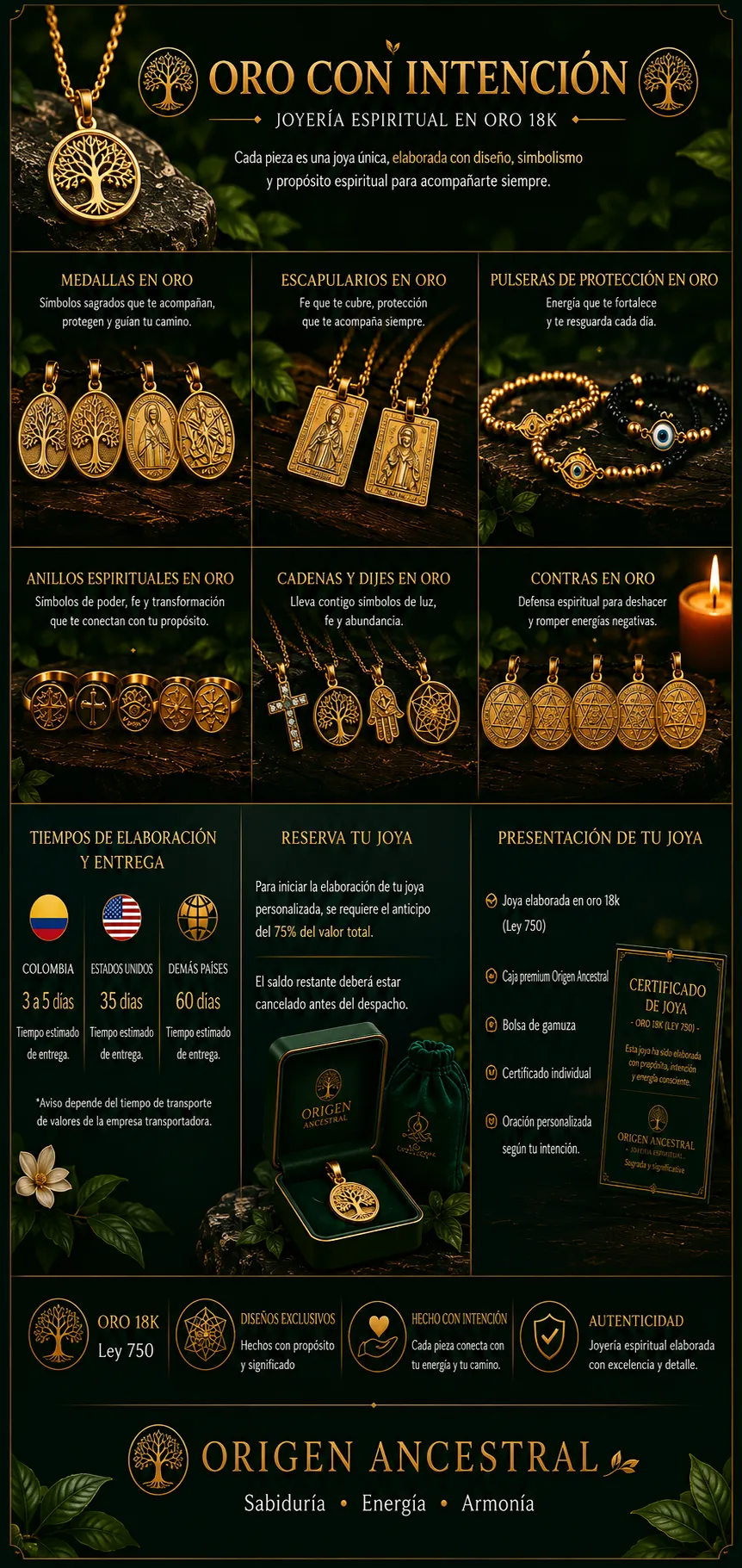 Menú de Oro con Intención: medallas, escapularios, pulseras de protección, anillos espirituales, cadenas y dijes, contras, todo en oro 18K