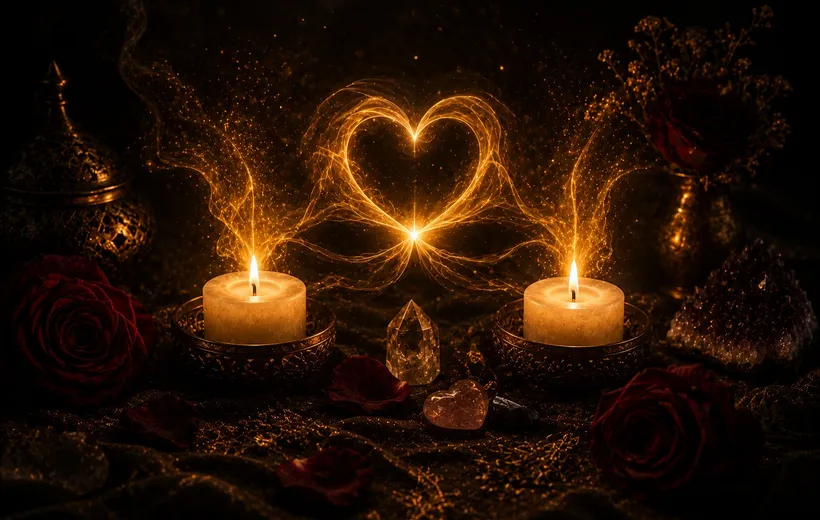 Dos velas encendidas formando un corazón de luz, rosas y cuarzo rosa, ambientación de Origen Ancestral