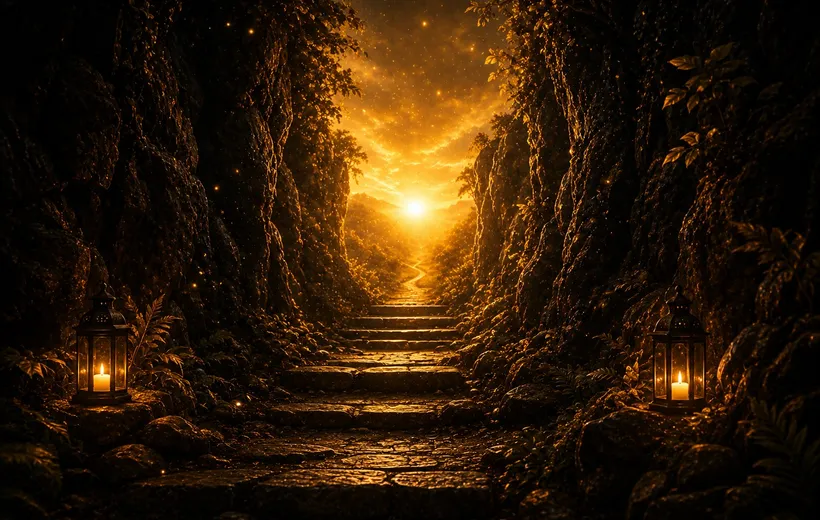 Sendero de piedra iluminado hacia la luz, ambientación de Origen Ancestral