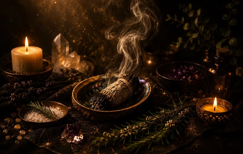 Sahumerio de salvia con humo, cristales y hierbas, ambientación de Origen Ancestral