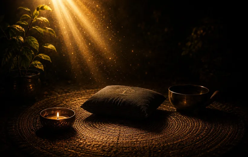 Espacio de meditación con cojín, cuenco tibetano y vela, ambientación de Origen Ancestral
