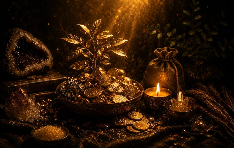 Monedas doradas, cristales y un pequeño árbol dorado, ambientación de Origen Ancestral