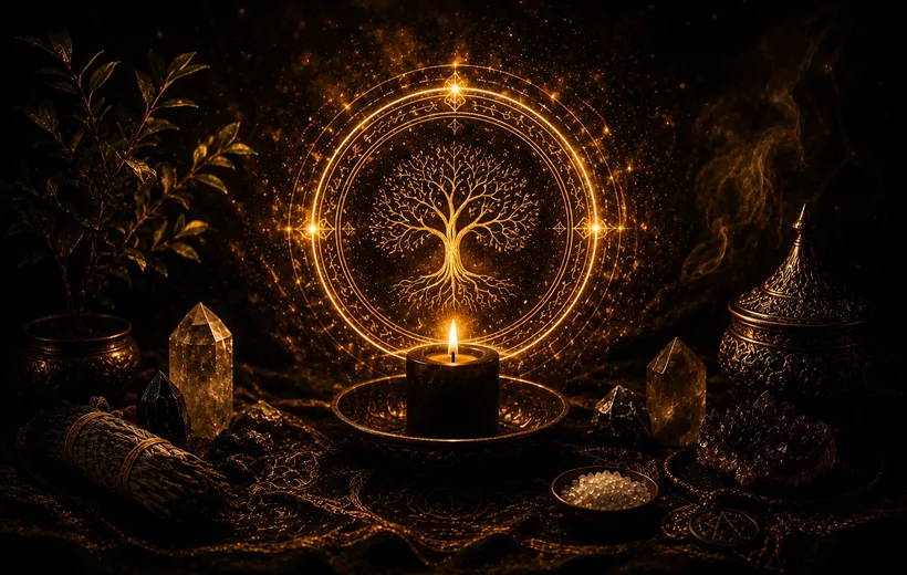 Símbolo de protección con árbol de la vida, vela y cristales, ambientación de Origen Ancestral