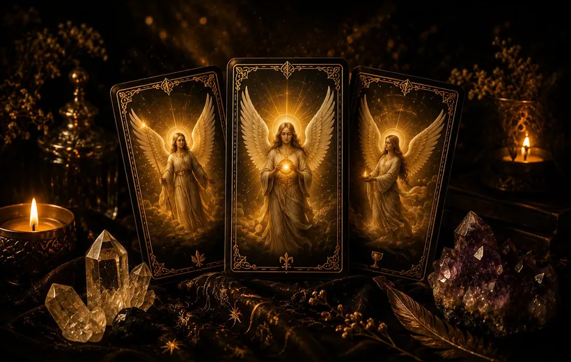 Cartas de Tarot de los Ángeles con cristales y velas, ambientación de Origen Ancestral