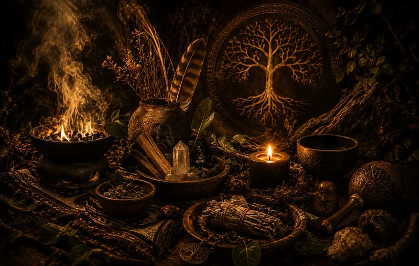 Fuego ritual, pluma y símbolo tallado del árbol de la vida, ambientación de Origen Ancestral